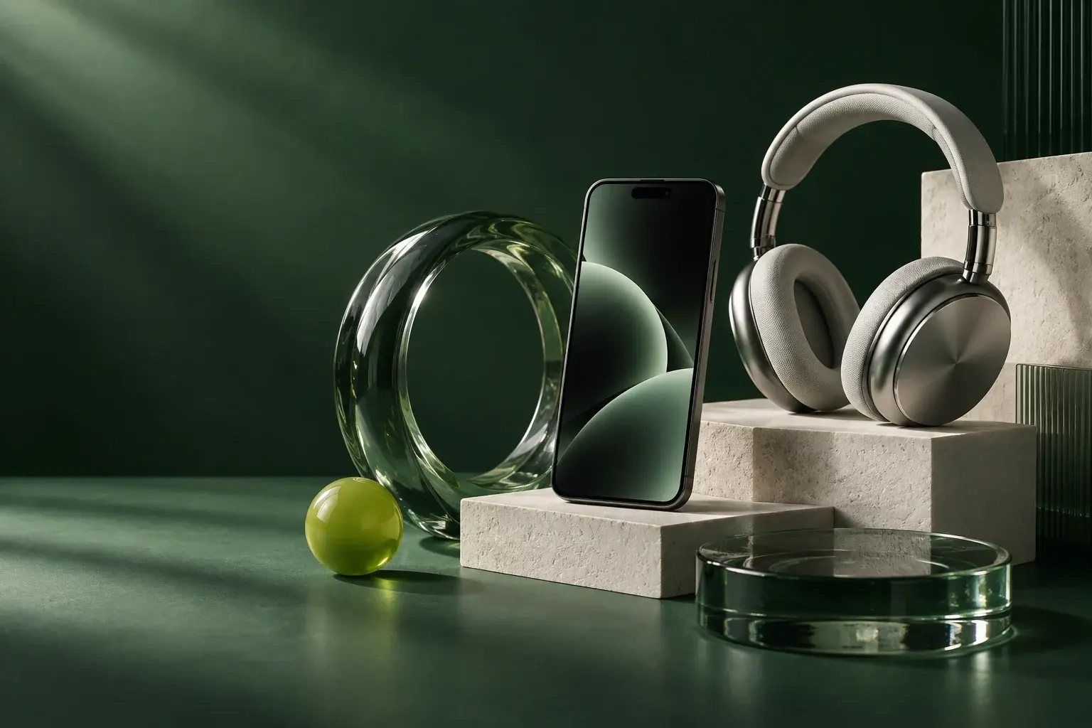 Composição editorial com celular, fones e formas de vidro sobre fundo verde
